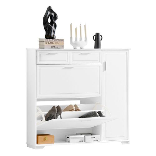 Sobuy Armoire  Chaussures, Meuble D'entre, Meuble De Rangement  Chaussures, Commode  Chaussures Avec 2 Abattants, 2 Tiroirs, 1 Porte Et 1 Compartiment Ouvert  Blanc, 120x26x111cm, Fsr104-W