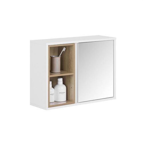 Sobuy Bzr149-W Armoire Murale Avec Miroir Pour Salle De Bain, Placard De Rangement Suspendu, Meuble Haut Salle De Bain Avec Porte Et 2 Compartiments Ouverts, 60x20x45 Cm, Blanc