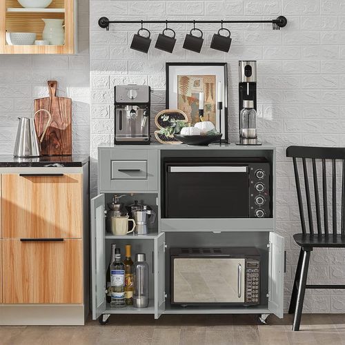 Sobuy Fsb78-Hg Meuble Micro-Ondes Buffet Commode Sur Roulettes Armoire De Cuisine Multi-Rangement Avec 3 Portes, 1 Tiroir, 1 Compartiment, Gris