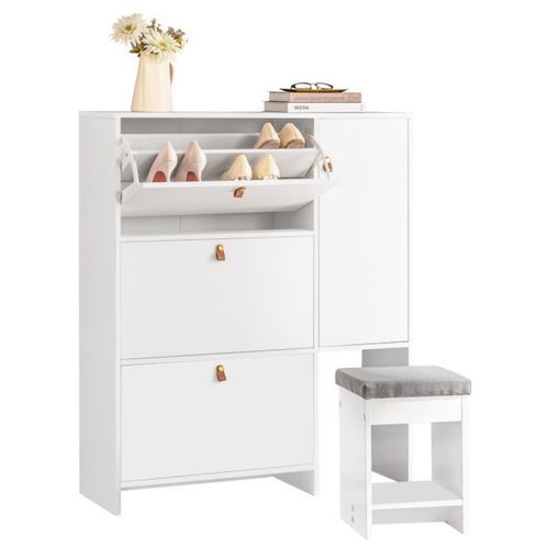 Sobuy Fsr107-W Meuble De Rangement  Chaussures Armoire  Chaussures Commode  Chaussures 3 Abattants Meuble D'entre Coffre Rangement Pour Chaussures Avec Tabouret  Chaussures