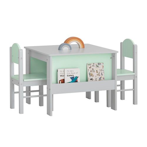 Sobuy Table Enfant Avec 2 Chaises Enfants, Ensemble Table Et 2 Chaises Pour Enfants, Bureau Enfant Avec 2 tagres  Livres Latrales, Gris Clair Et Vert Clair, Kmb88-Hg