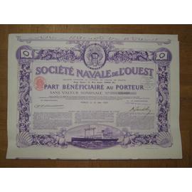 Société Navale de L'Ouest 15 Mai 1923 Part Bénéficaire au Porteur Paris Violet 