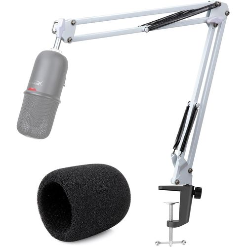 SoloCast Bras Micro Blanc, Pied de Micro pour HyperX SoloCast, Support Micro HyperX avec Bonnette en Mousse Anti-pop, Pince de Perche Micro HyperX SoloCast pour Studio Streaming, Gaming par