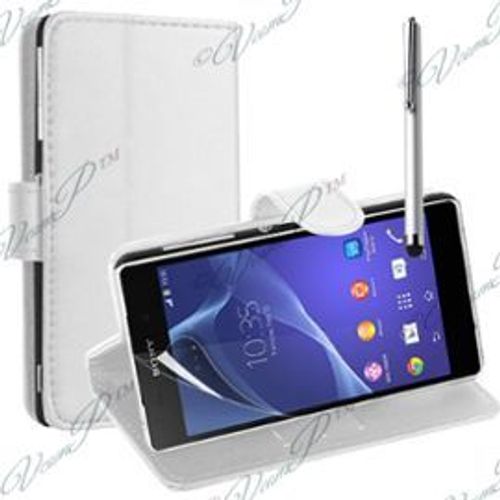 Sony Xperia M2/ M2 Dual D2303 D2305 D2306: Etui Portefeuille Livre Housse Coque Pochette Support Vido Cuir Pu+ Stylet- Blanc