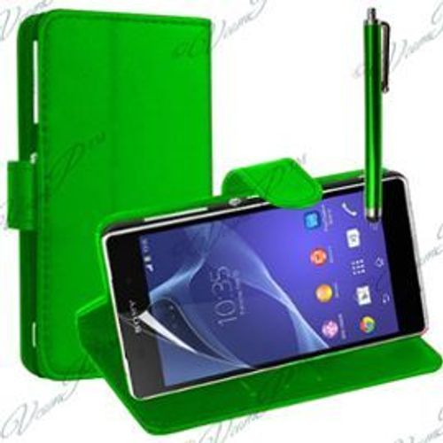 Sony Xperia M2/ M2 Dual D2303 D2305 D2306: Etui Portefeuille Livre Housse Coque Pochette Support Vido Cuir Pu+ Stylet- Vert