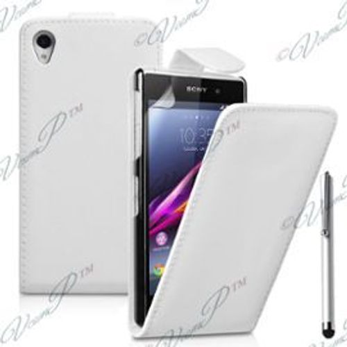 Sony Xperia T3 D5103 D5102 D5106: Etui Housse Coque Pochette Simili Cuir+ Stylet- Blanc