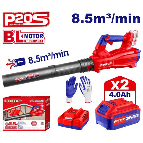 Souffleur Sans Fil Brushless Emtop 20v Avec 1 Chargeur 4a + 2 Batteries Lithium-Ion 4.0ah + Gant Picots Pvc