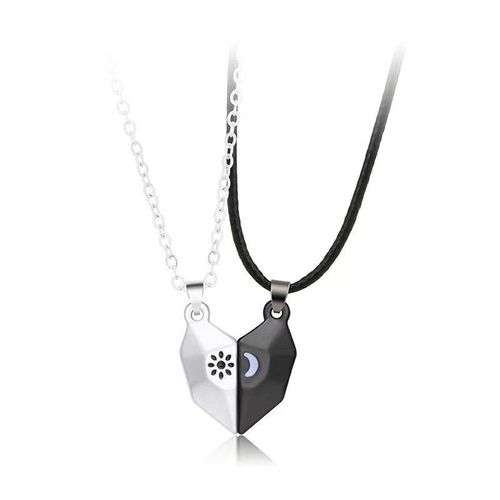 Souhaitant Pierre Couple Collier Soleil Lune Amour Collier Simple Mode Aimant Pierre Pendentif - Paire Noir Et Argent