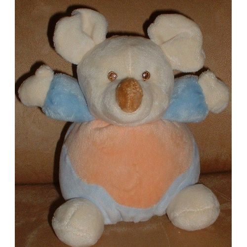 Souris Doudou Boule Kimbaloo La Halle Bleu Blanc Orange Abricot 13 Cms + Oreilles De 3 Cms