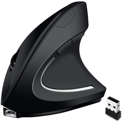 Souris Sans Fil Verticale Ergonomique, Souris Optique Rechargeable, Souris 2.4g Bluetooth/Usb 6 Boutons Noir