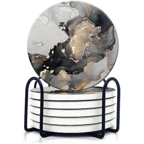 Sous-Verres Pour Boissons, Sous-Verres Ronds Absorbants En Pierre De Cramique Ensemble De 6, Sous-Verres  Boisson Avec Support, 4 Pouces, Marbre Dor