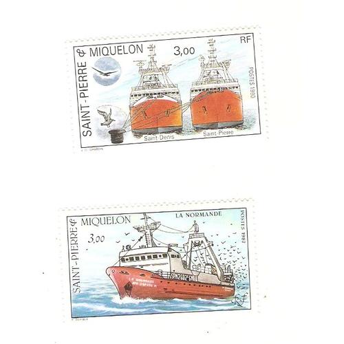St Pierre Et Miquelon 2 Timbres-Poste Thme Navires La Normande (Pche) - Le St-Pierre - Le St-Denis 1987 Et 1990 Mnh