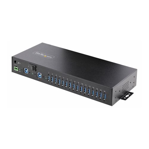 StarTech.com 16-Port Industrial USB 5Gbps Hub with Power Adapter, Metal Enclosure, Mountable, ESD Protection, Terminal Block Power, USB Charging, Dual-Host Switch - TAA