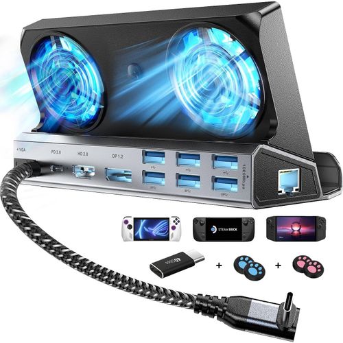 Station d'accueil 11 en 1 avec deux ventilateurs de refroidissement avec HDMI 2.0, 6 ports USB, 1000 Mbps, type C 100 W PD, DP1.2, adaptateur VGA 40 Gbit/s pour Steam Deck/Rog Ally/Switch/Legion Go