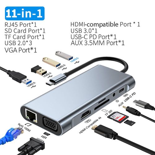 Station d'accueil 11 en 1 type-c,HUB USB 3.0,sparateur USB C vers 4K HDMI VGA PD RJ45,adaptateur rseau 100M pour ordinateur portable Macbook - Type 11-in-1