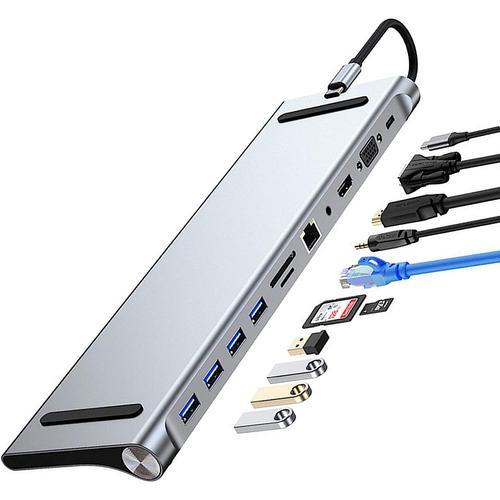 Station d'accueil USB C 11 en 1, USB de type C vers 4K 30 Hz, HDMI + VGA, lecteur de carte SD/TF, RJ45, 4 USB 3.0, adaptateur pour MacBook, Mac Pro, Mac Mini, iMac11 in 1