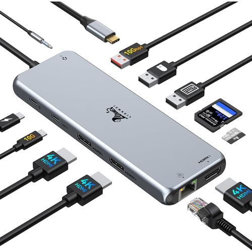 Station d'accueil USB C 3 HDMI, Station d'accueil USB C 12 en 1 Triple Moniteurs avec 3 HDMI, 10Gbps USB A/C 3.1, 2USB 2.0, 100W PD, RJ45 Ethernet, 3.5mm Audio&Mic, SD&Micro SD