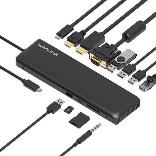 Station d'accueil USB C  triple affichage avec Displayport, HDMI et VGA, fonction de charge PD3.0 100 W, ports USB, lecteur de carte SD TF, Gigabit Ethernet, audio pour Mac/Windows