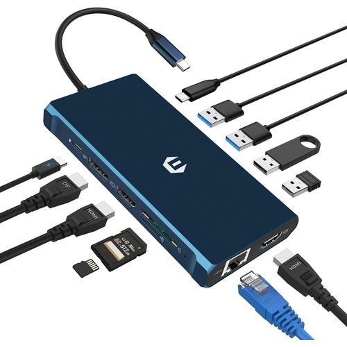 Station d'accueil USB C, concentrateur USB C 12 en 1, Double Moniteur, Station d'accueil avec Double HDMI 4K, DisplayPort, Ethernet, PD 3.0, USB-C 3.0, 4 Ports USB, Lecteur de Cartes TF/SD pour