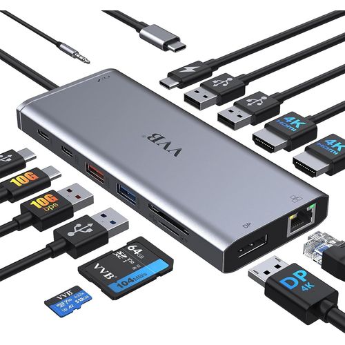 Station d'accueil USB C Double Moniteur Hub,Dock USB C 14 en 1 vers Dual HDMI et Displayport,Ethernet,PD 100W,4 USB,2 USB C,SD/TF et Audio,Docking Station Triple Monitor pour HP Lenovo MacBook