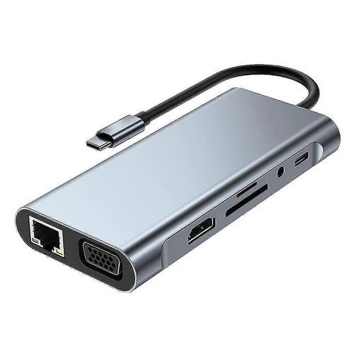 Station daccueil 11 en 1USB C HUB avec compatible 4K, VGA, port USB 3.0, de type C, Ethernet RJ45, SD