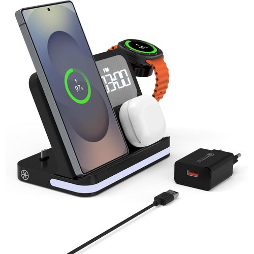 Station De Charge Sans Fil 4-En-1 Avec Rveil Et Lumire Led, Compatible Samsung Galaxy S25 / Z Flip 6, Galaxy Watch7 / Watch Ultra, Buds3 Pro / Buds3 Pro, Charge Rapide Et Port Usb-C Intgr[H1597]