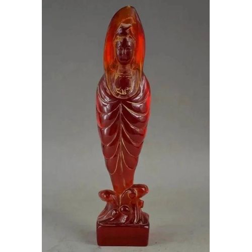 Statue De Kwan-Yin Raliste En Rsine Artificielle, Objets De Collection Anciens labors, Travail Manuel, Ambre, 20.9 Cm *
