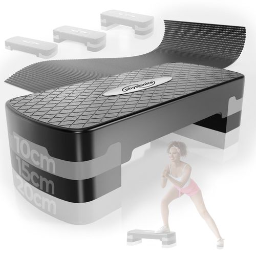 Physionics Step D'arobic - Rglable En 3 Niveaux,, Max 200kg, 68x28cm, Noir-Gris - Stepper, Plateforme De Fitness, Planche De Step