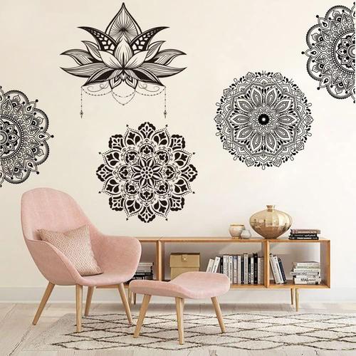 Sticker Mural Motif Fleur Mandala Noir Bohme Pour Salon, Chambre  Coucher, Yoga, Tte De Lit, Dcoration Indienne