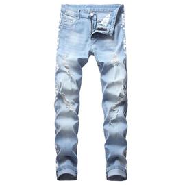 Stretch Jeans Dechires Homme Fashion Slim Droit Effet Abrasions et Delave Pantalon 5 Poches Tendance Rakuten