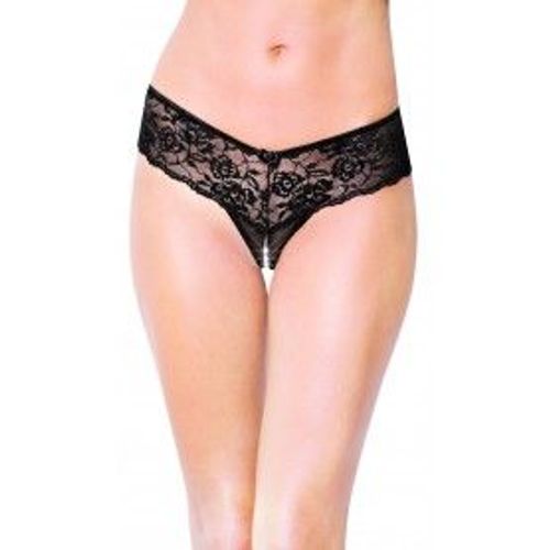 String Ouvert Large Dentelle Noire Et Micro Rsille - Noir - S/M