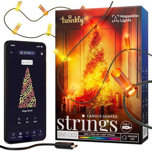 Strings Usb-C Candle 200 Led,Guirlande Led En Forme De Bougie,Fil Lumineux Led Multicolore Rgb,Compatible Avec Alexa,Google Home,Guirlande Nol,Alimentation Usb C,Fil Vert,12m