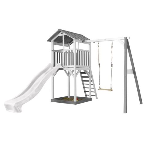 Axi Structure De Jeu Beach Tower Blanc Gris Avec 1 Balancoire Et Toboggan Blanc Et Bac  Sable