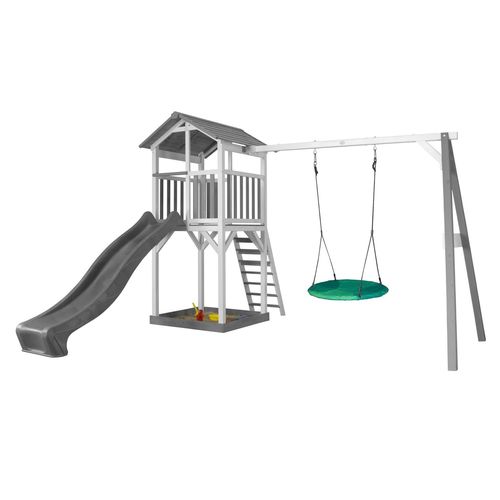 Axi Structure De Jeu Beach Tower Avec 1 Balancoire Siege Nid Rond Blanc Gris Avec Toboggan Gris