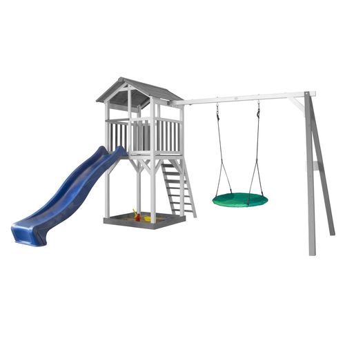 Axi Structure De Jeu Beach Tower Avec Balancoire Nid Rond Summer Gris Blanc Avec Toboggan Bleu
