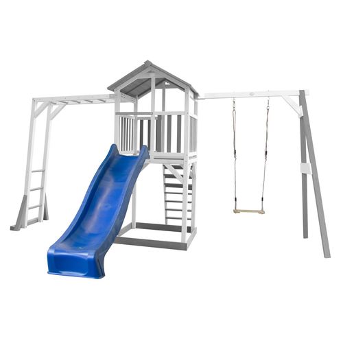 Axi Structure De Jeu Beach Tower Gris Blanc Avec Cadre D'escalade Balancoire Et Toboggan Bleu