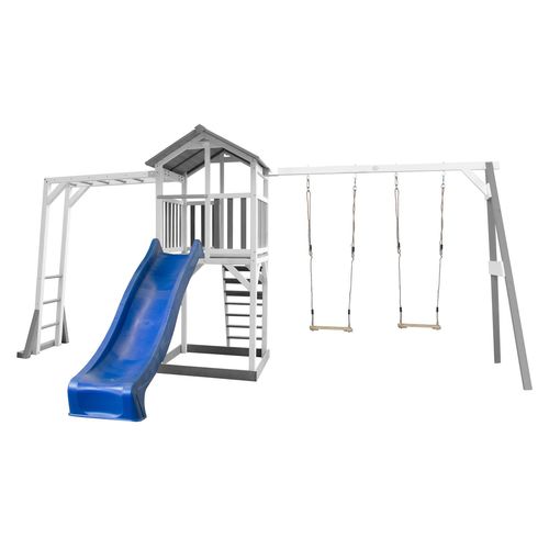 Axi Structure De Jeu Beach Tower Gris Blanc Avec Cadre D'escalade Et 2 Balancoires Et Toboggan Bleu