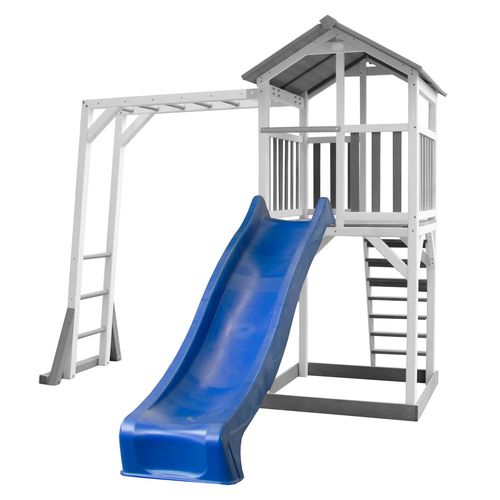 Axi Structure De Jeu Beach Tower Gris Blanc Avec Cadre D'escalade Et Toboggan Bleu