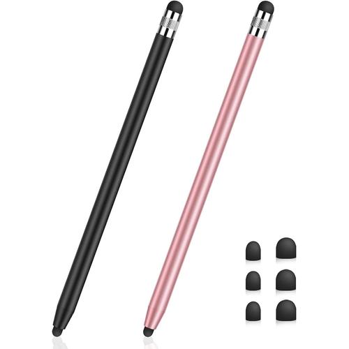 Stylet Tablette Universel pour cran Tactile, Capacitif 2 en 1 pour iPhone/iPad/Pro/Mini/Air/Samsung avec 6 Embouts de Rechange (Noir + Or Rose)