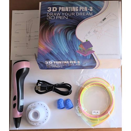 Stylo 3d Avec 3 Couleurs De Filaments Pour Dbuter (Jaune, Rose Et Vert), Un Porte Stylo, 2 Protges Doigts, Cordon De Chargement, Notice Explicative, Dans Sa Boite D'origine.