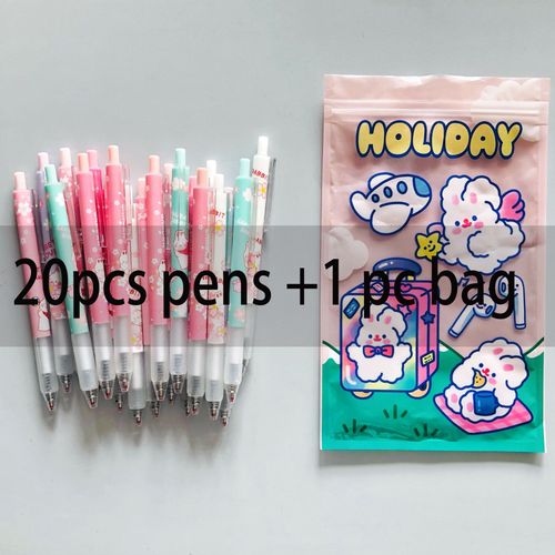 Stylo  Bille En Forme De Lapin Sakura Rose, 20 Pices + 1 Sac  Fermeture clair, 0.5mm, Ensemble De Papeterie  Encre Noire