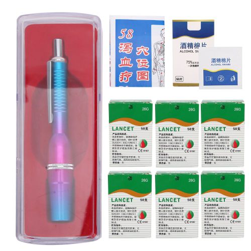 Stylo Lance-Sang A Trois Tetes En Alliage D'aluminium, Appareil De Massage Par Ventouses Pour Analyses Sanguines (Stylo Lance-Sang A Trois Tetes Degrade Violet-Bleu, 300 Aiguilles, Tampon D'alcool, Carte Des Points D'acupuncture (E))