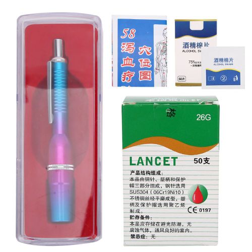 Stylo Lance-Sang A Trois Tetes En Alliage D'aluminium, Appareil De Massage Par Ventouses Pour Analyses Sanguines (Stylo Lance-Sang A Trois Tetes Degrade Violet-Bleu, 50 Aiguilles, Tampon D'alcool, Carte Des Points D'acupuncture (B))