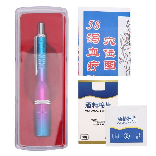 Stylo Lance-Sang A Trois Tetes En Alliage D'aluminium, Appareil De Massage Par Ventouses Pour Analyses Sanguines (Stylo Lance-Sang A Trois Tetes Degrade Violet-Bleu, Tampon D'alcool, Carte Des Points D'acupuncture (A))