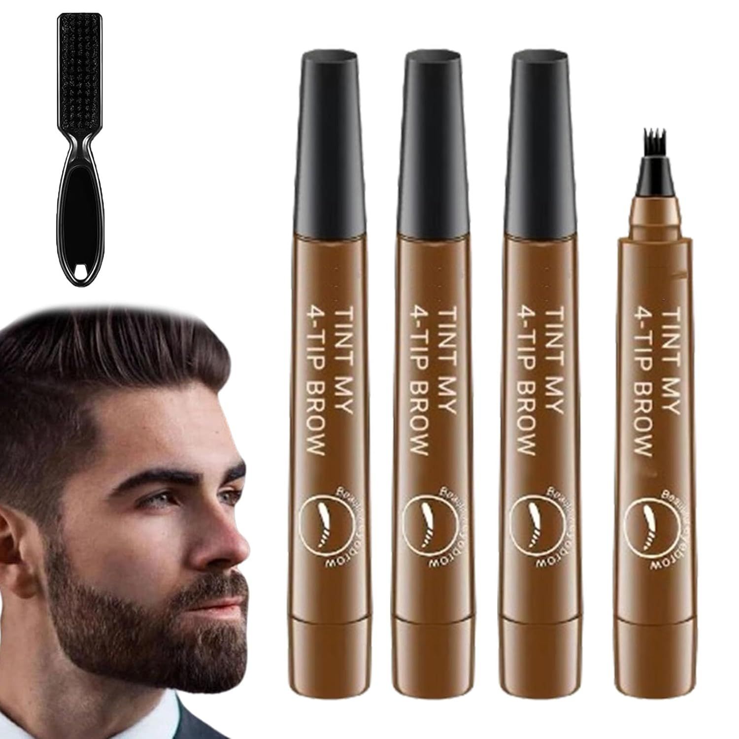 Stylo Multi-Usages 4 Pointes, Stylo Multi-Usages Pour Barbe 4 Pointes, Remplisseur De Barbe Suertemall, Stylo Sourcils 4 Pointes Waterproof, Stylo Sourcils 4 Pointes, Longue Tenue, Effet Naturel (3 So