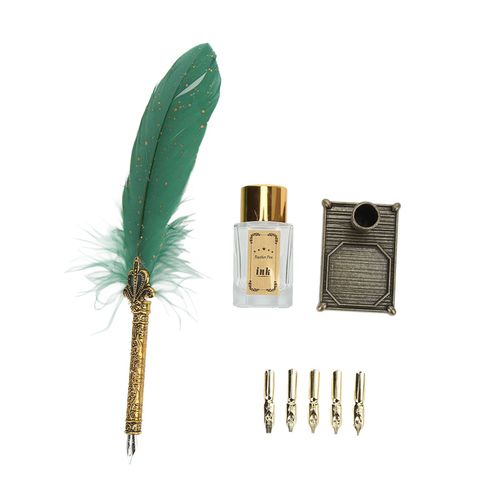 Stylo Plume A Texture Douce En Alliage De Zinc, Plume Gravee, Style Vintage, Bricolage, Calligraphie, Ensemble De Stylos A Tremper Pour L'ecriture Artistique, Vert