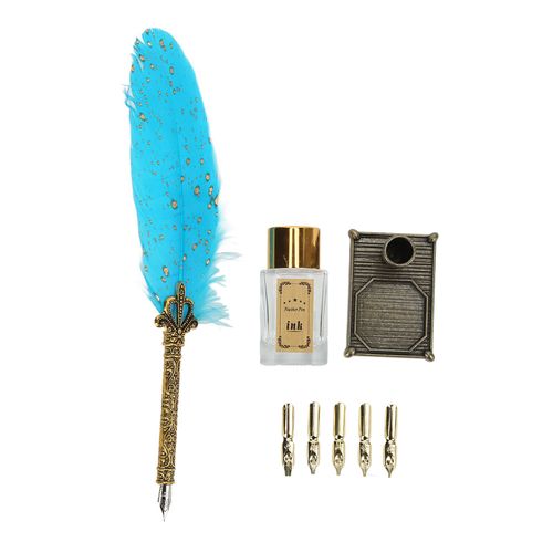 Stylo Plume A Texture Douce En Alliage De Zinc, Plume Gravee, Style Vintage, Pour Bricolage, Calligraphie, Ensemble De Stylos A Tremper Pour L'ecriture Artistique, Bleu Ciel