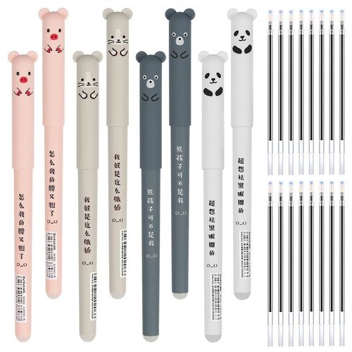 Stylos  Friction Effaables  Bille, New-8pcs, Stylos  Gel D'encre Noir Effaables Avec 16 Recharges Effaables, En Forme D'animaux De Dessin Anim