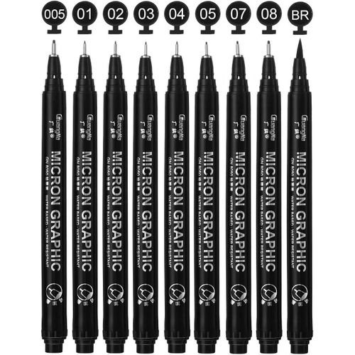 Stylos Feutre Pointe Fine,9 Pcs Stylos Feutre,Pigment Liner Stylos Fineliner Noir Multi-Taille Pour Dessin Technique,Manga,Illustration