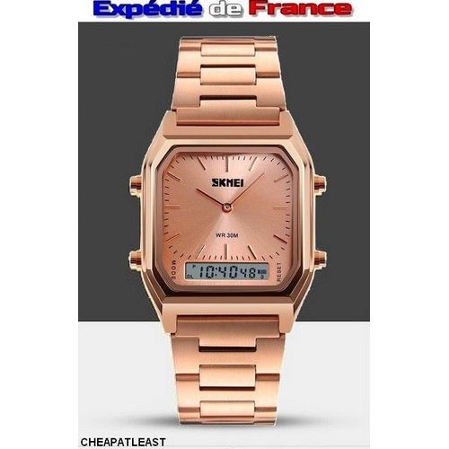 Superbe Montre Double Affichage Analogique + Digital Chic Classique Tendance Youngtimer Style Vintage Des Casio Des Annes 70 - Affichage Numrique: Chronomtre Alarme Calendrier... Acier Rose Gold